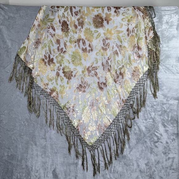 Sterling Styles Shawl Womens One Size Gold Green Brown Velvet Fringe Floral Boho - Picture 1 of 4